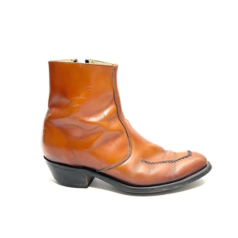 Vintage 1970s men's chestnut brown leather western style zip up ankle boots